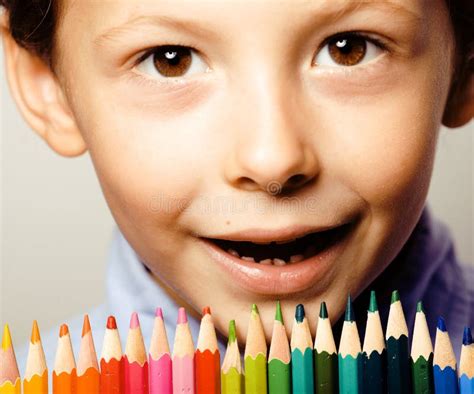 Little Cute Boy With Color Pencils Close Up Smiling Stock Illustration