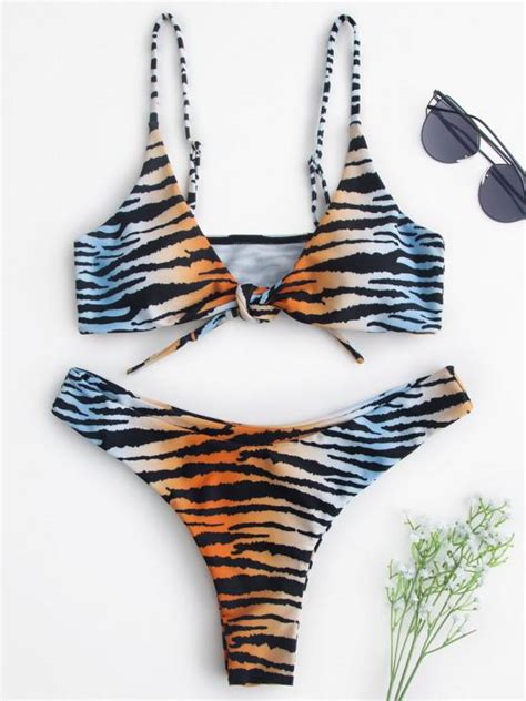 OFF ZAFUL Tiger Stripe Tie Front Bikini Set In MULTI ZAFUL