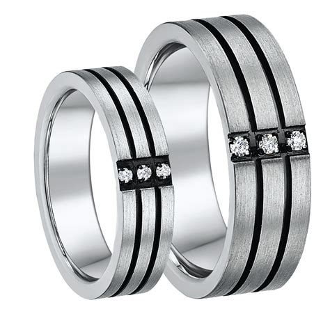 His And Hers 5and7mm Titanium Three Diamond Black Grooved Wedding Ring Set