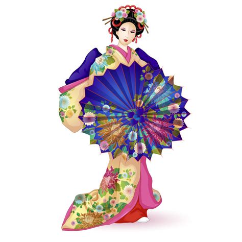 矢量日本和服娃娃图片素材 创意矢量现代迷人的打伞的日本和服娃娃设计插画 格式 未来素材下载