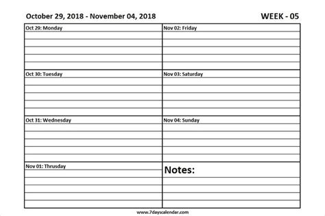 Printable October 2018 Weekly Calendar Weekly Calendar Weekly