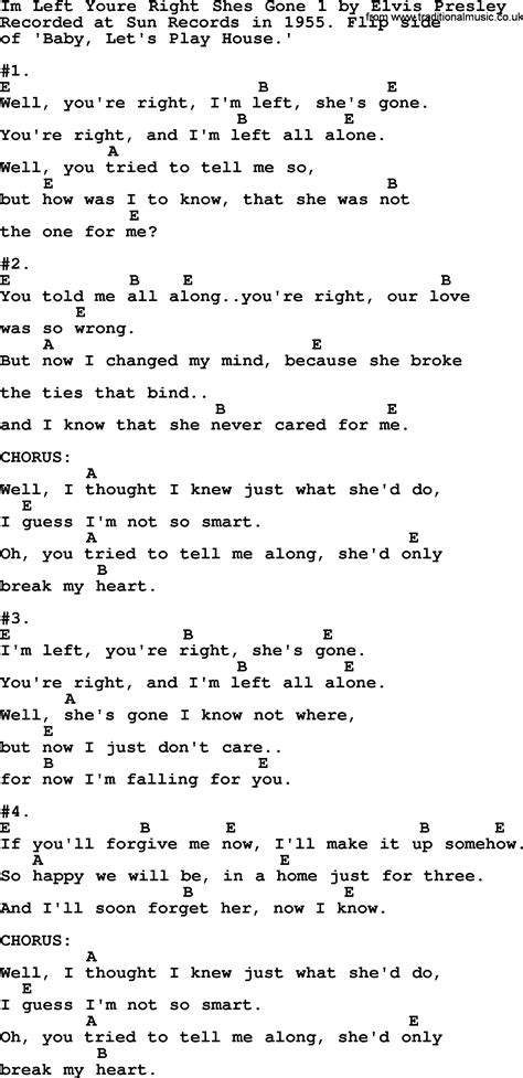 Im Left Youre Right Shes Gone By Elvis Presley Lyrics And Chords