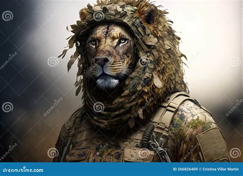 Humanized Lion Character Soldier In Camouflage Made With Generative Ai