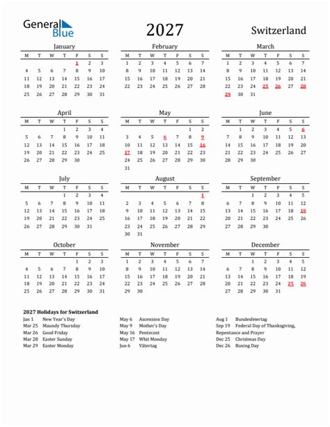 2027 Holiday Calendar For Switzerland Monday Start