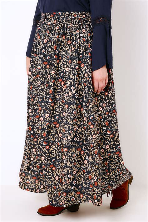Navy And Multi Floral Print Vintage Maxi Skirt With Button Close Plus
