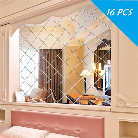 Details About 16pcs Self Adhesive Square Mirror Reflective Tiles Wall