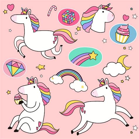 Free Vector Cute Unicorns With Magic Element Stickers Vector