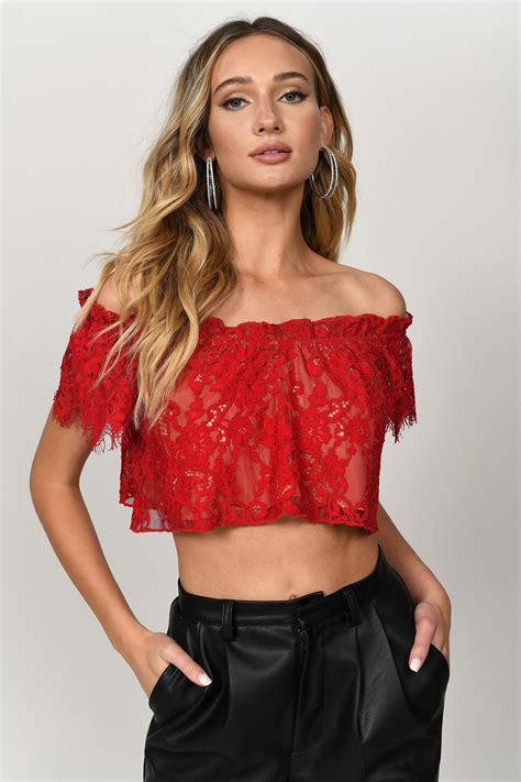 Tobi Crop Tops Womens Riley Red Lace Off Shoulder Crop Top Red ⋆ Theipodteacher