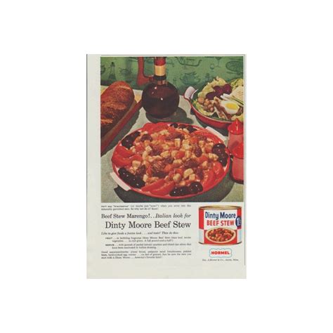 A jar of beef stew for a single person that you purchase from the store like hormel, dinty moore beef stew has 984 mg sodium in a single cup! 1958 Dinty Moore Vintage Ad "Beef Stew Marengo"