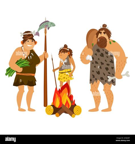 Cartoon Cavemen Family Caveman Characters Prepare Food At Fire Stone Age Prehistoric Family