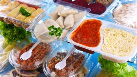 A Variety Of Prepackaged Food Products In Plastic Boxes Stock Image