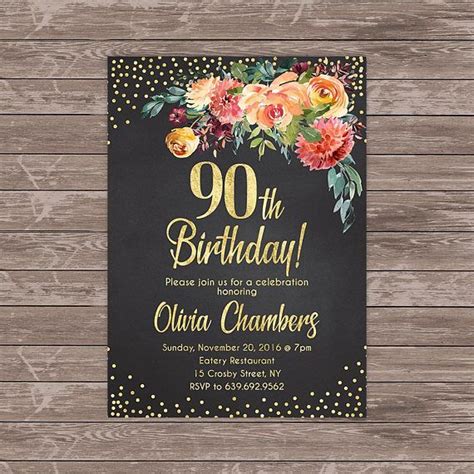 Looking for the ideal 90th birthday gifts? PERSONALIZED, 90th Birthday Invitation, Floral Women Birthday Invitation, Chalkboard Birthday ...