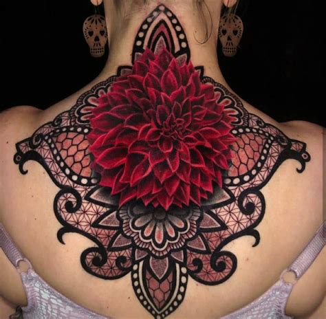 Dahlia And Mandala Ornamental Tattoo On Girlss Back And Neck Best Tattoo