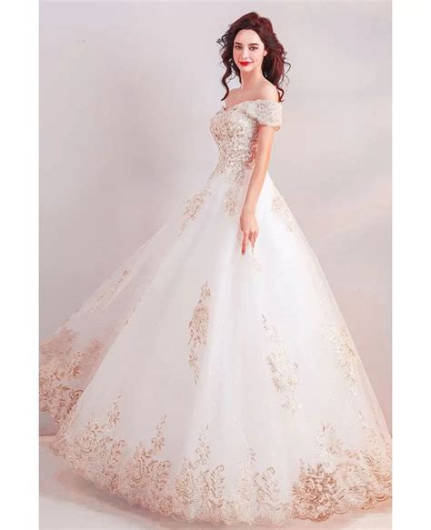 Luxury Gold Embroidery Ball Gown Wedding Dress Off Shoulder Wholesale