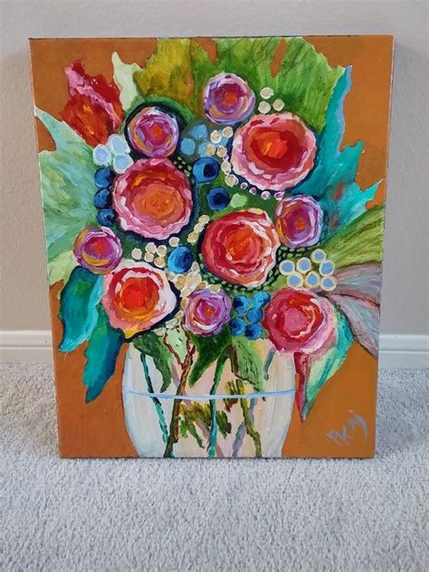 Original Acrylic Floral Abstract Bold Flowers In Vaseshabby Etsy