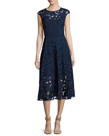Shoshanna Cap Sleeve Floral Lace Midi Dress Blue Neiman Marcus