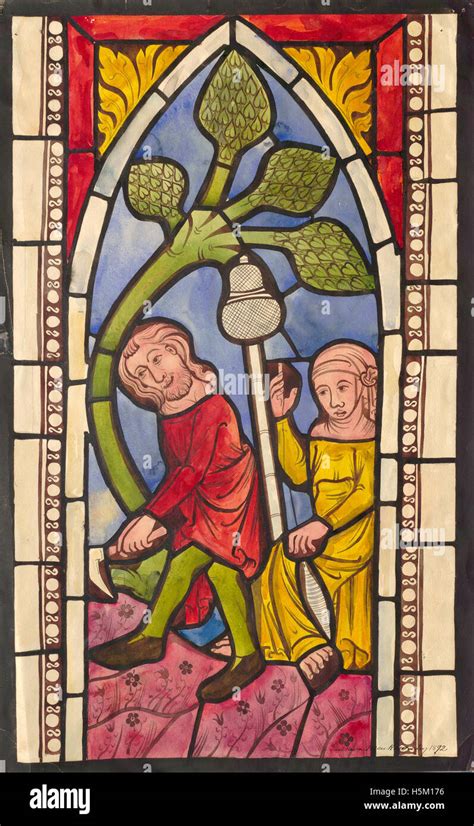 Adam And Eve Depiction Of Medieval Stained Glass Window Hejde Stock