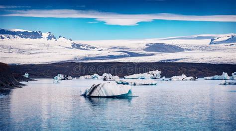 Floating Of Blue Icebergs In Jokulsarlon Glacier Lagoon Cold Morning