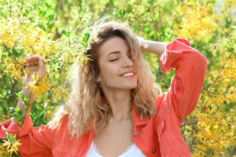 Attractive Young Woman Posing Near Blossoming Bush Stock Image Image Of Fresh Flower 115724905