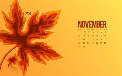 Download Wallpapers 2021 November Calendar 3d Autumn Leaf Orange