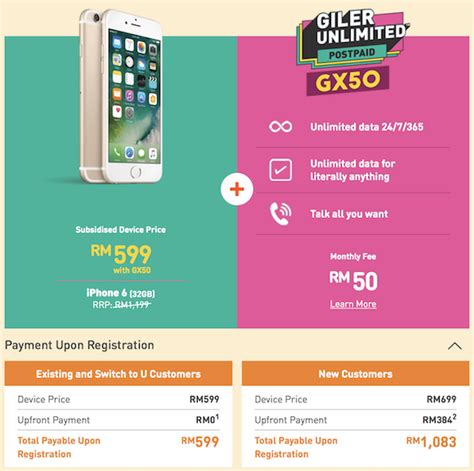 Unlimited hero p99 postpaid plan features unlimited data, unlimited calls, 3gb for roaming in 12 select destinations and 30gb for mobile hotspot. U Mobile offers the iPhone 6 for RM599 on a RM50 unlimited ...