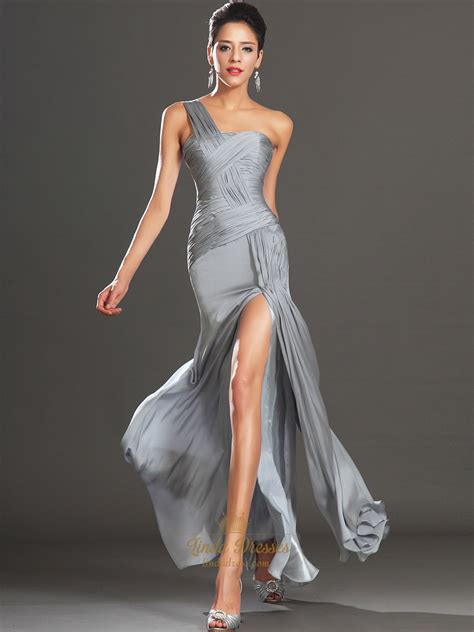 Grey Chiffon One Shoulder Pleated Bodice Prom Dress With Side Slits Linda Dress