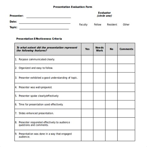 Presentation Evaluation Form Template