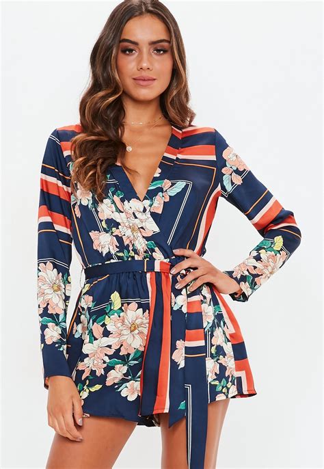 Navy Floral Wrap Playsuit Missguided Wrap Playsuit Long Sleeve