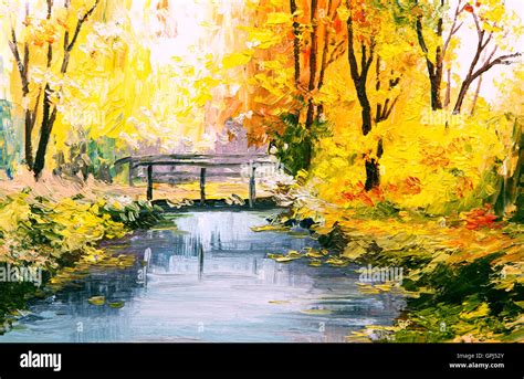 Oil Painting Landscape Colorful Autumn Forest Beautiful River Stock
