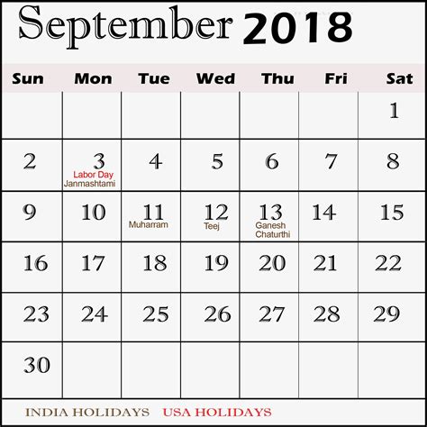 Free printable calendar september 2018 template. Blank September 2018 Calendar With Holidays | Calendar ...