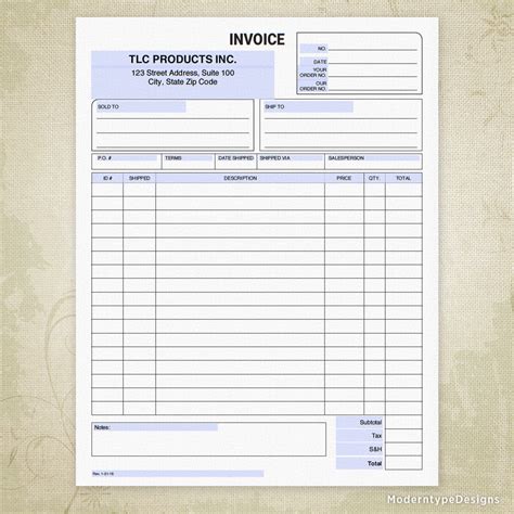 Invoice Form Printable Editable Moderntype Designs