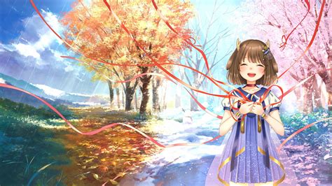 Download 3840x2160 Anime Landscape Four Seasons Cute Anime Girl