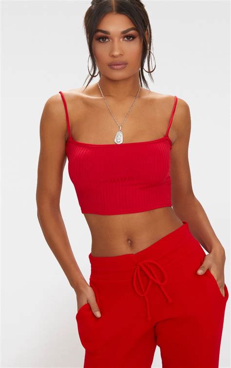 Red Basic Rib Square Neck Strappy Crop Top Crop Tops Strappy Crop Top Tops