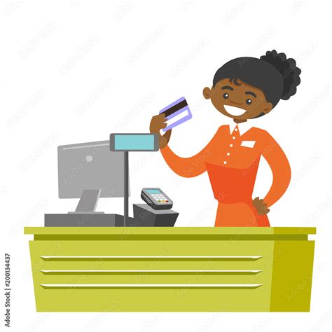 Young African American Cashier Holding Credit Card At The Checkout In