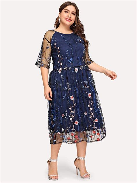 Womens Round Neck Floral Embroidered Mesh Long Sleeve Dress In 2020