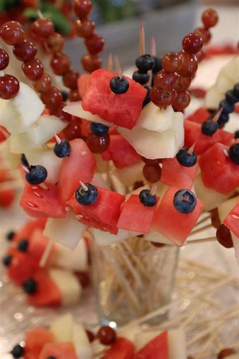 fruit kabob. start with grape, watermelon, honeydew, top ...