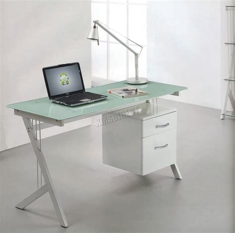 Foxhunter Computer Desk Table With Glass Top 2 Drawers
