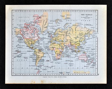 1892 World Map British Empire Canada Australia India Africa England