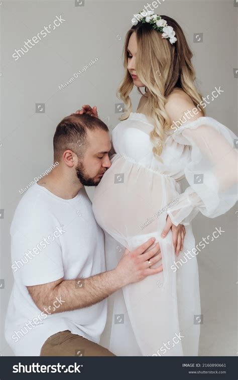 Husband Pregnant Blonde Wife White Transparent Stock Photo