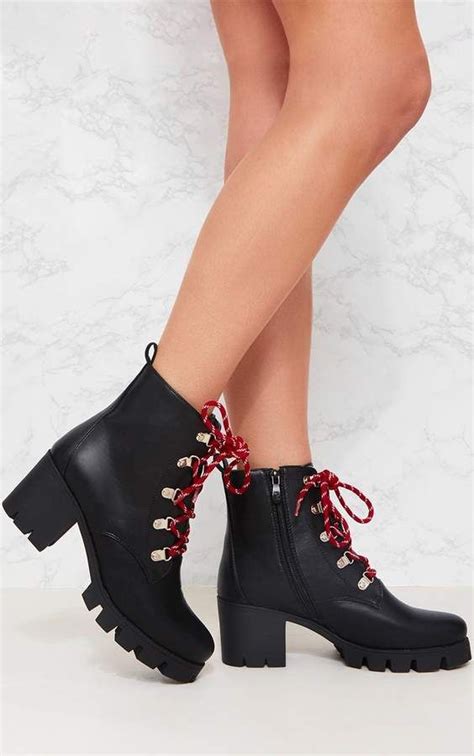 prettylittlething black chunky contrast lace up hiker boot boots leather and lace lace up
