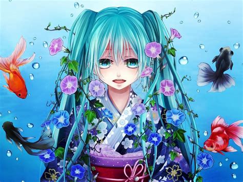 Art Vocaloid Hatsune Miku Girl Fish Bubbles Anime Hd Desktop Wallpaper