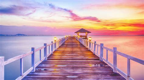 Sunset Pier Lamps Water Sea Beach Sky With Red Clouds Landscape Image