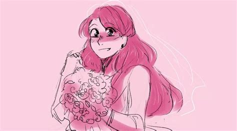 A Drawing Of A Woman With Pink Hair Holding A Bouquet Of Flowers In Her