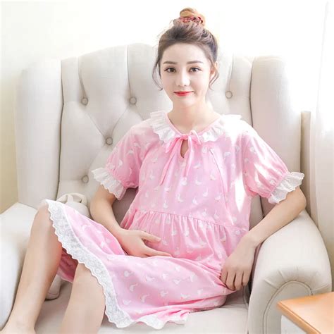 Summer Sweet Maternity Short Sleepwear Pregnant Women Lace Print Knot Princess Pajamas Nursing