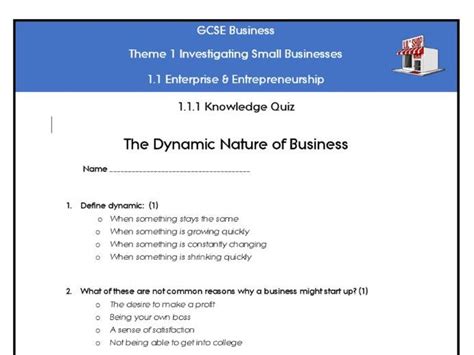 Edexcel Gcse Business 9 1 Theme 1 Topic 1 Quizzes Teaching Resources