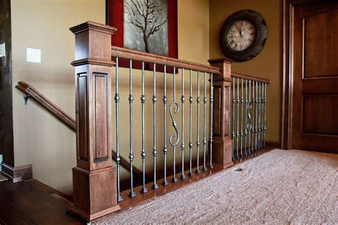 Mission Style Stained Newel And Top Rail Metal Ballusters Stair