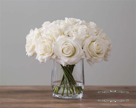 Real Touch Rose Flower Arrangement Cream White Roses In Faux Etsy
