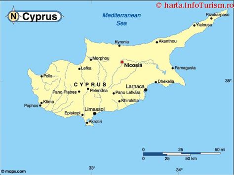 Temperatura medie la nicosia este de 29°c in iulie si august si de 10°c in ianuarie. Harta Cipru