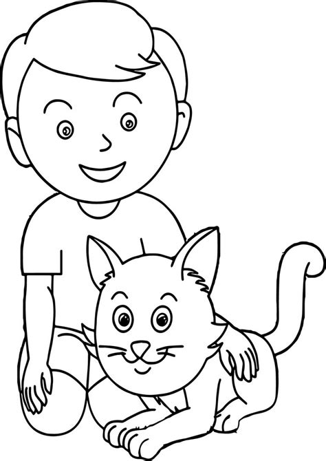 Boy With Cat Coloring Page