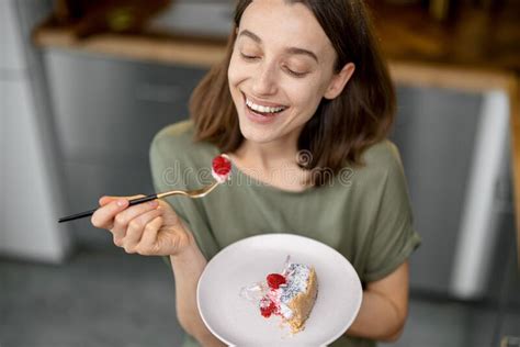 Woman Enjoys A Sweet Dessert At Home Stock Image Image Of Diet Tasty 213142383